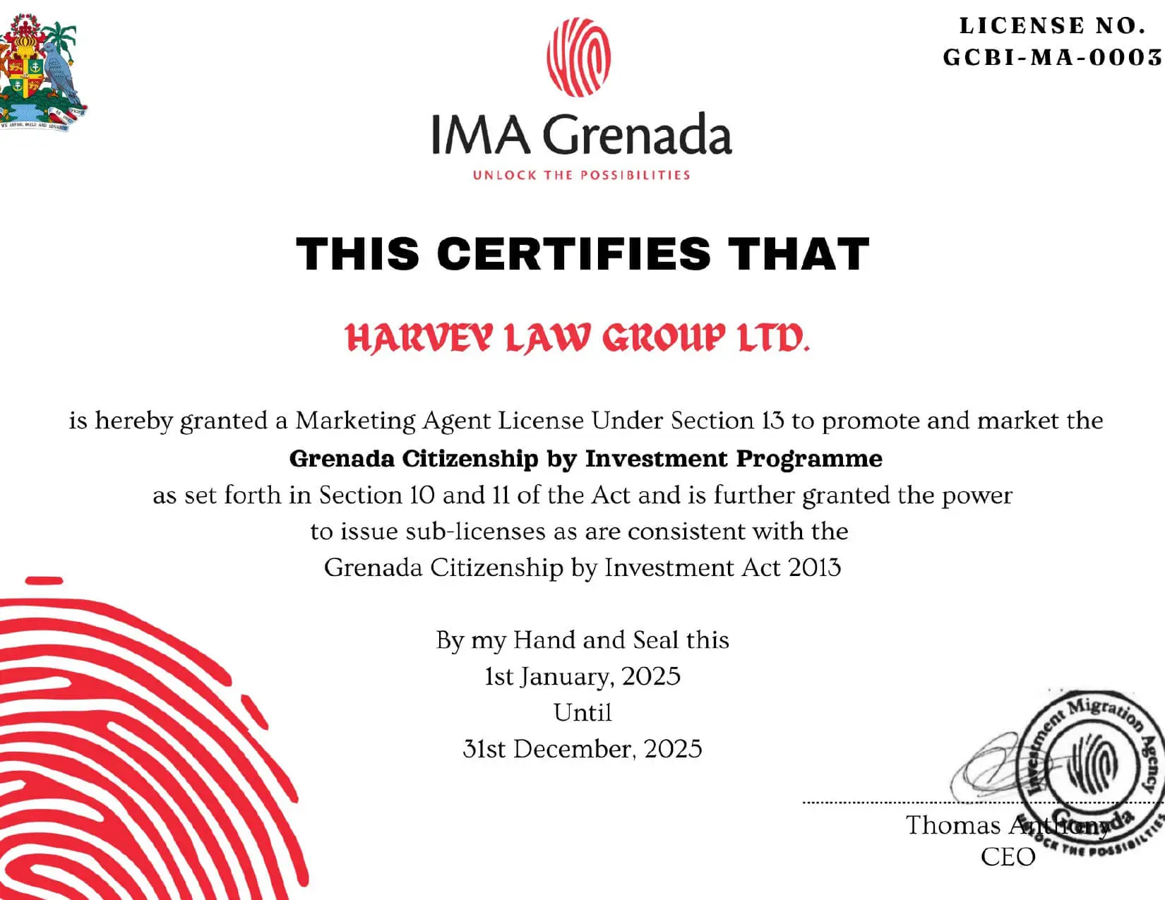 Harvey Law Group Ima Grenada Marketing Agent License Certificate